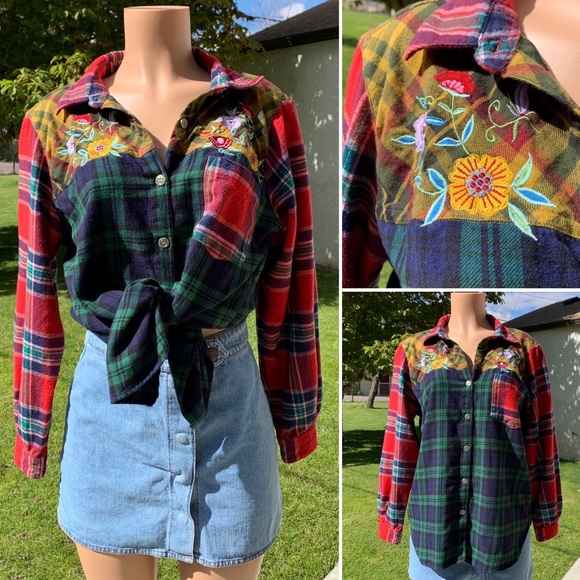 Vintage Tops - Vintage Plaid Flannel Patchwork Top Cottagecore Retro Rustic Hippie Boho Blair